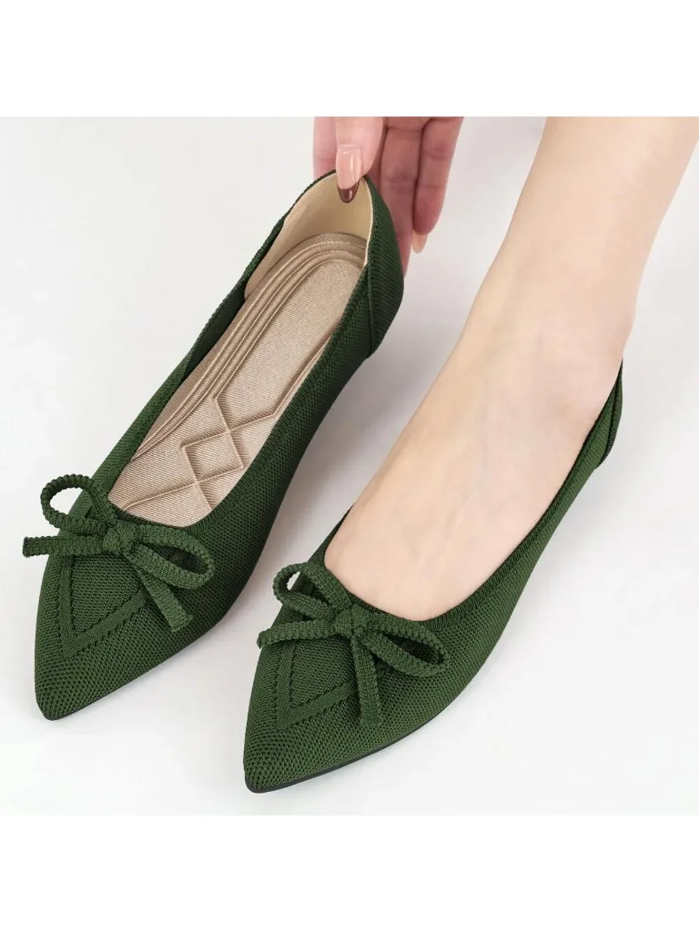 Women's Green Ballet Flats Shoes Dressy Pointed Toe Bow Knit Flats Comfortable